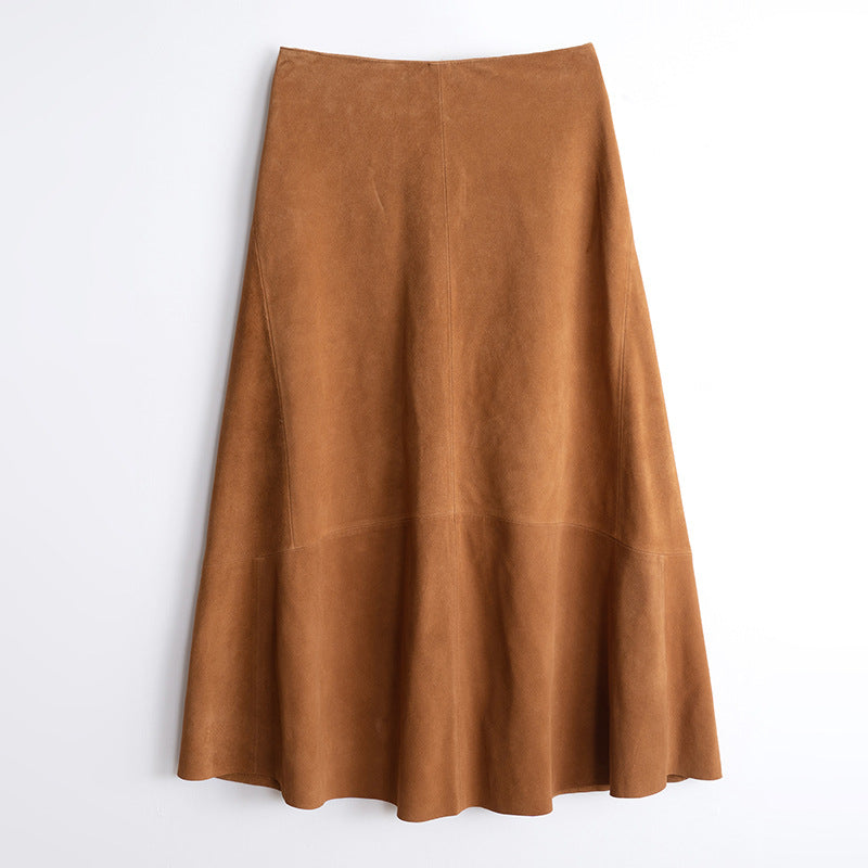 High Waist Sheepskin Suede Commute Minimalist Overknee Long Skirt