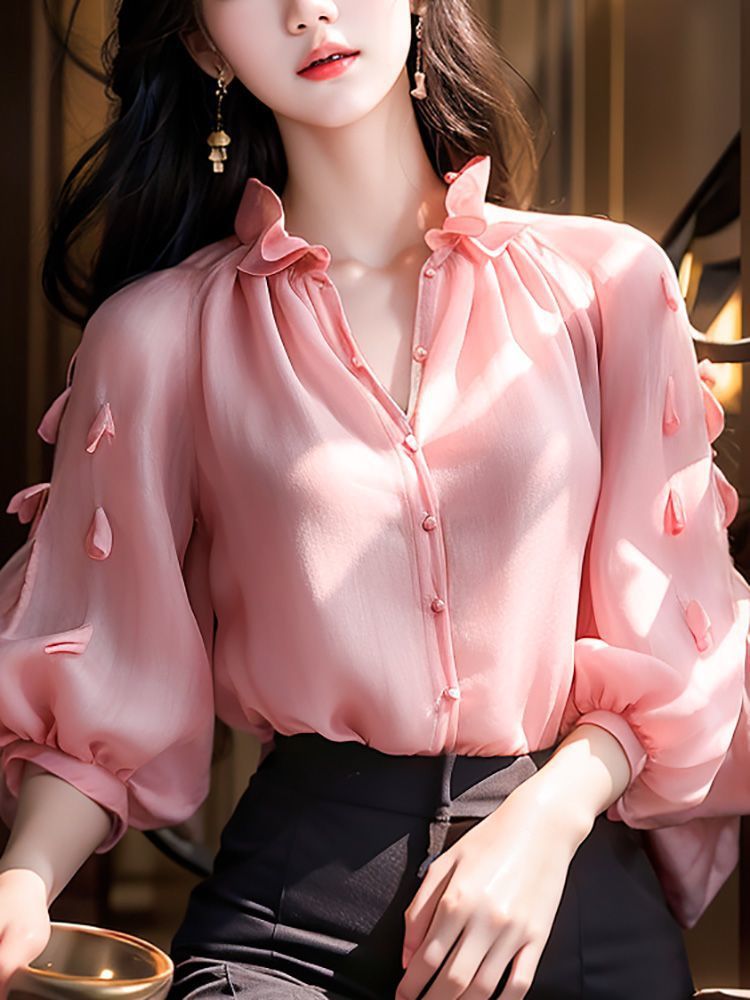 Three-dimensional Petals Solid Color Lantern Sleeve Top Slimming Shirt