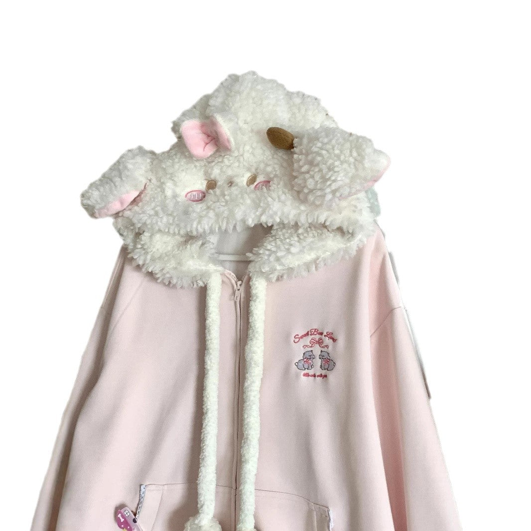College Loose Little Lamb Wool Hooded Jacket