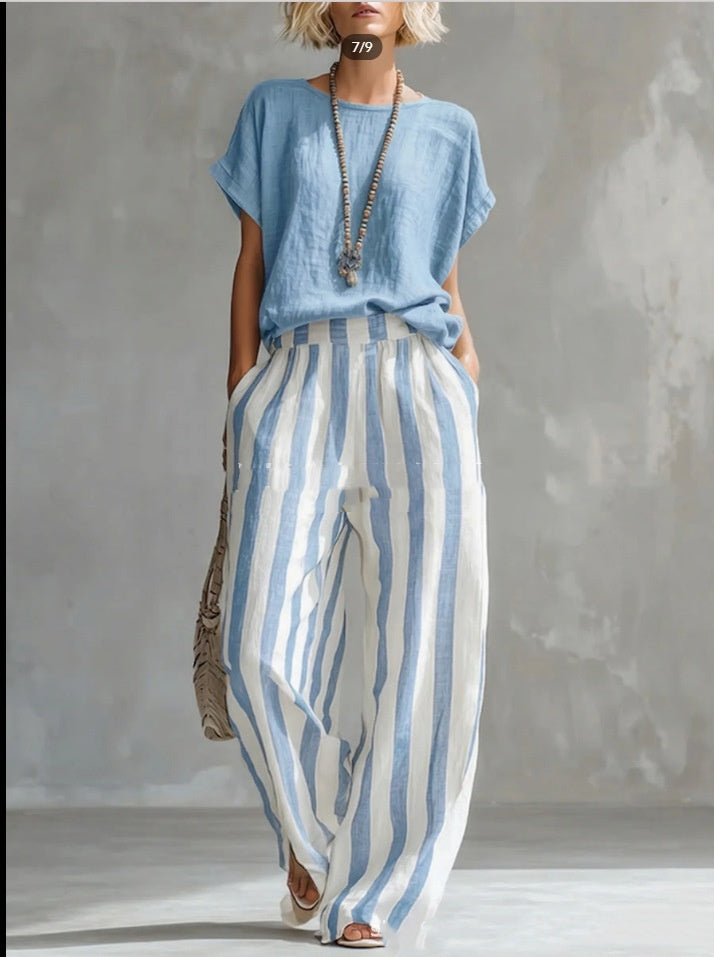 Women's Striped Cotton-Linen Two-Piece Set