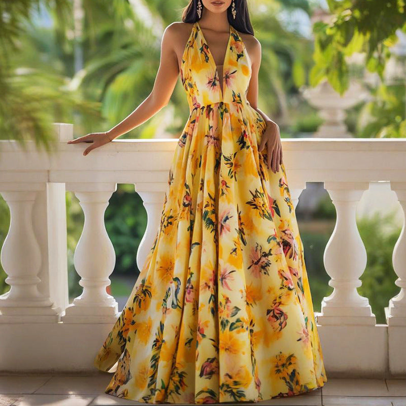 Womens Printed V-Neck Defined-Waistline Long Slip Dress