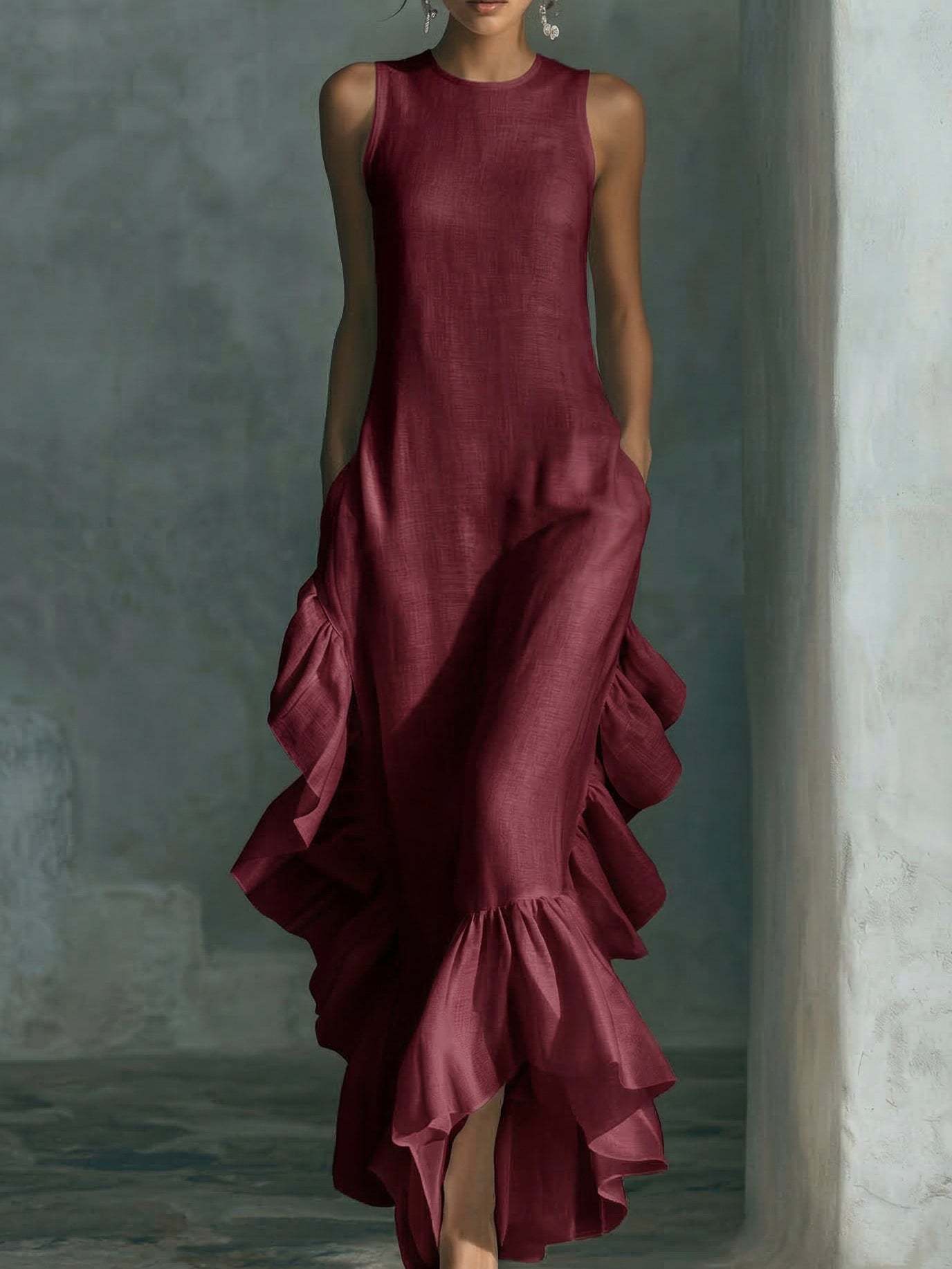 Womens Fashionable And Elegant Sleeveless Crew-Neck Dress With Ruffled Hem