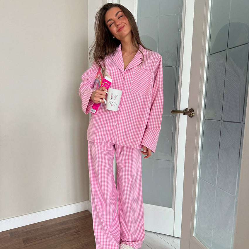 Autumn Cotton Plaid Long-Sleeve Pajama Set With Long Pants