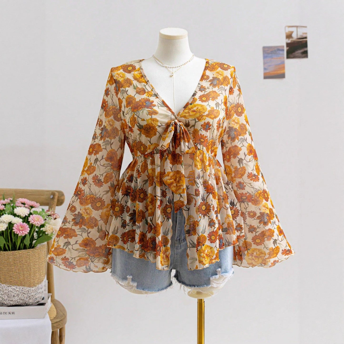 V-hals Mesh Print Ferie Stil Top til Kvinder