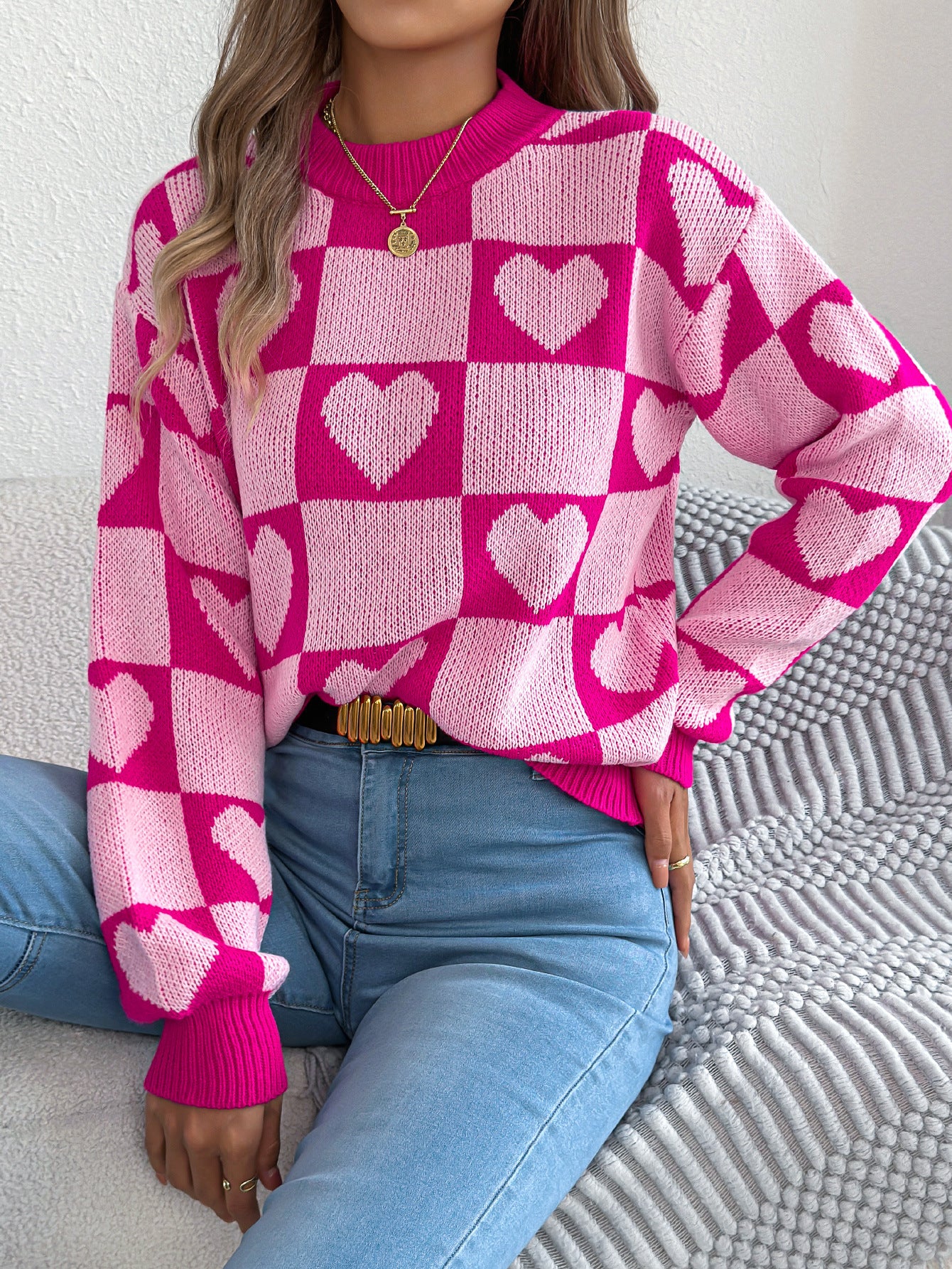 Women's Love Plaid Lantern Long Sleeve Pullover Sweater