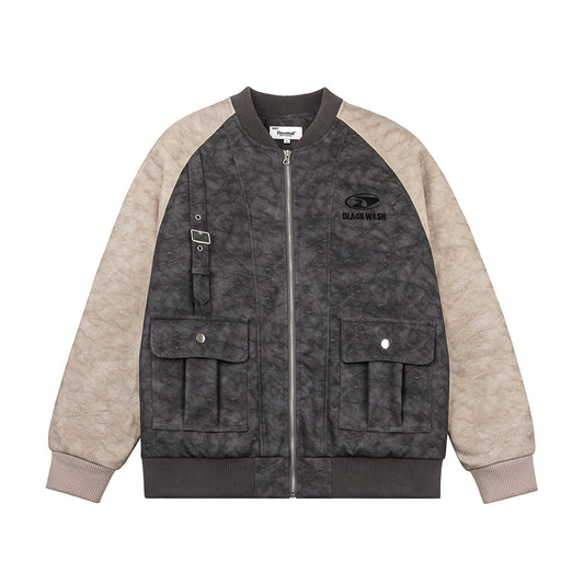 Color Contrast Patchwork Raglan Sleeve Baseball PU Leather Cotton Jacket