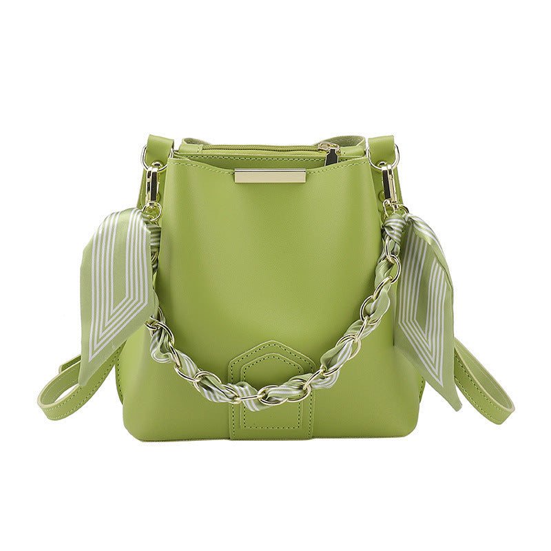 Leather Bucket Tote Bag with Chain Sling Handle