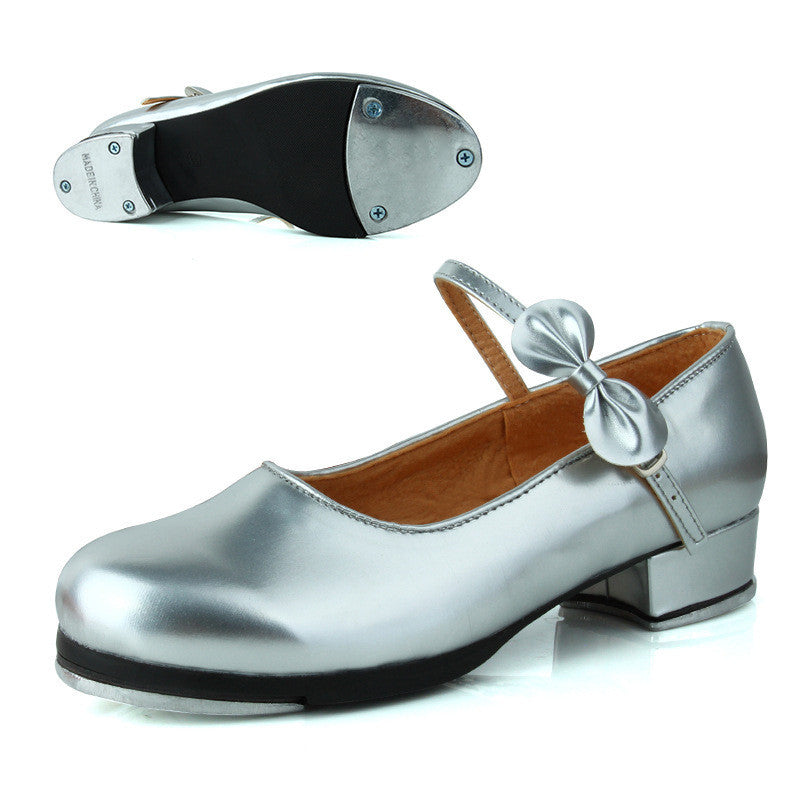 Women's Adult Black Soft Sole Shiny Bow Tap Shoes