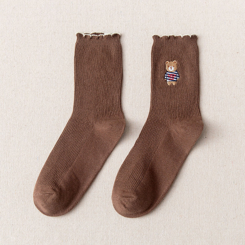 Women's Bear Embroidered Fungus Lace Mid Tube Socks