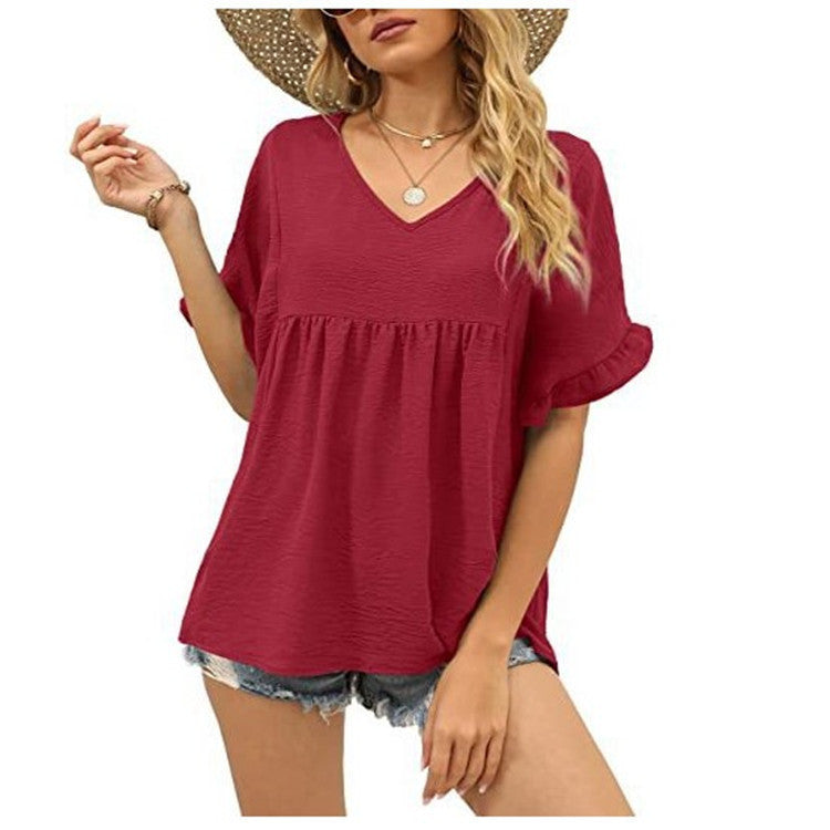 Summer Casual Ruffled Pleated T-shirt Loose Top