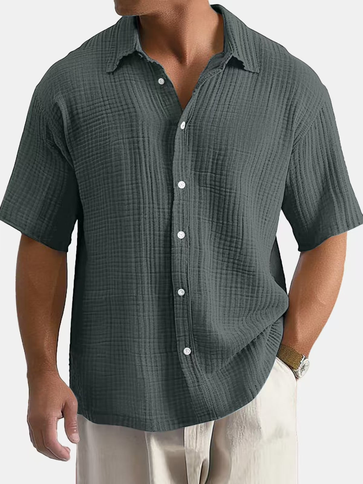 Spring And Summer Men's Short-sleeve Lapel Shirt Double Layer Champray