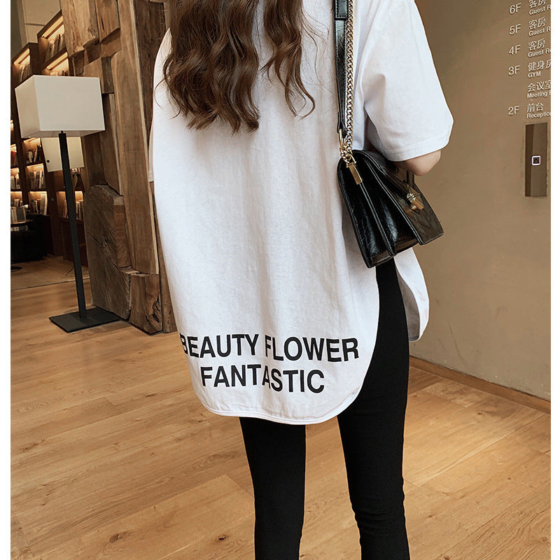 White Split T-shirt Female Plus Size Mid-length Sleeve Mid-length