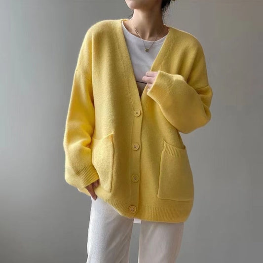 Koreansk preppy stil ensfarvet sweater damefrakke forår og efterår ny løs strikket cardigan