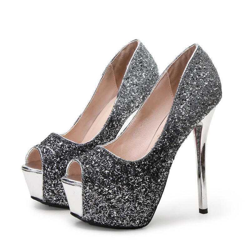 Fashion Sequin Gradient Color Sexy Fish Mouth Stiletto Platform High Heels
