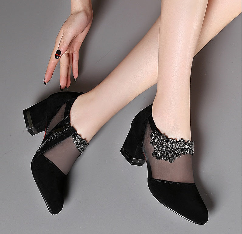 Mesh pointed toe zipper high heel women's shoes