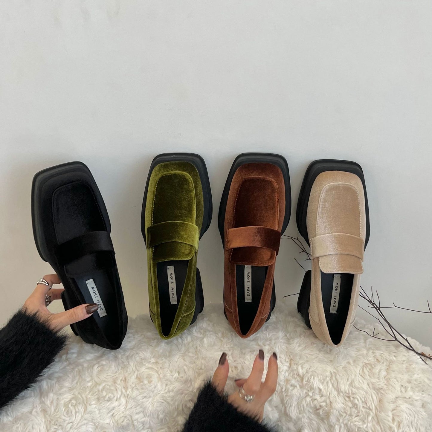 British Style Vintage Guld Fløjl Chunky Hæl Plateau Loafers til Kvinder