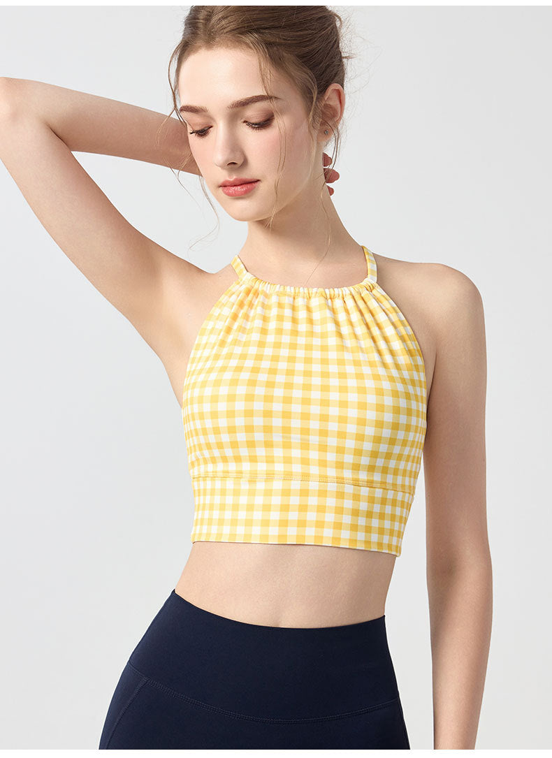 Womens Polka-Dot Plaid Printed Halterneck Tank Top With Cross-Over Design