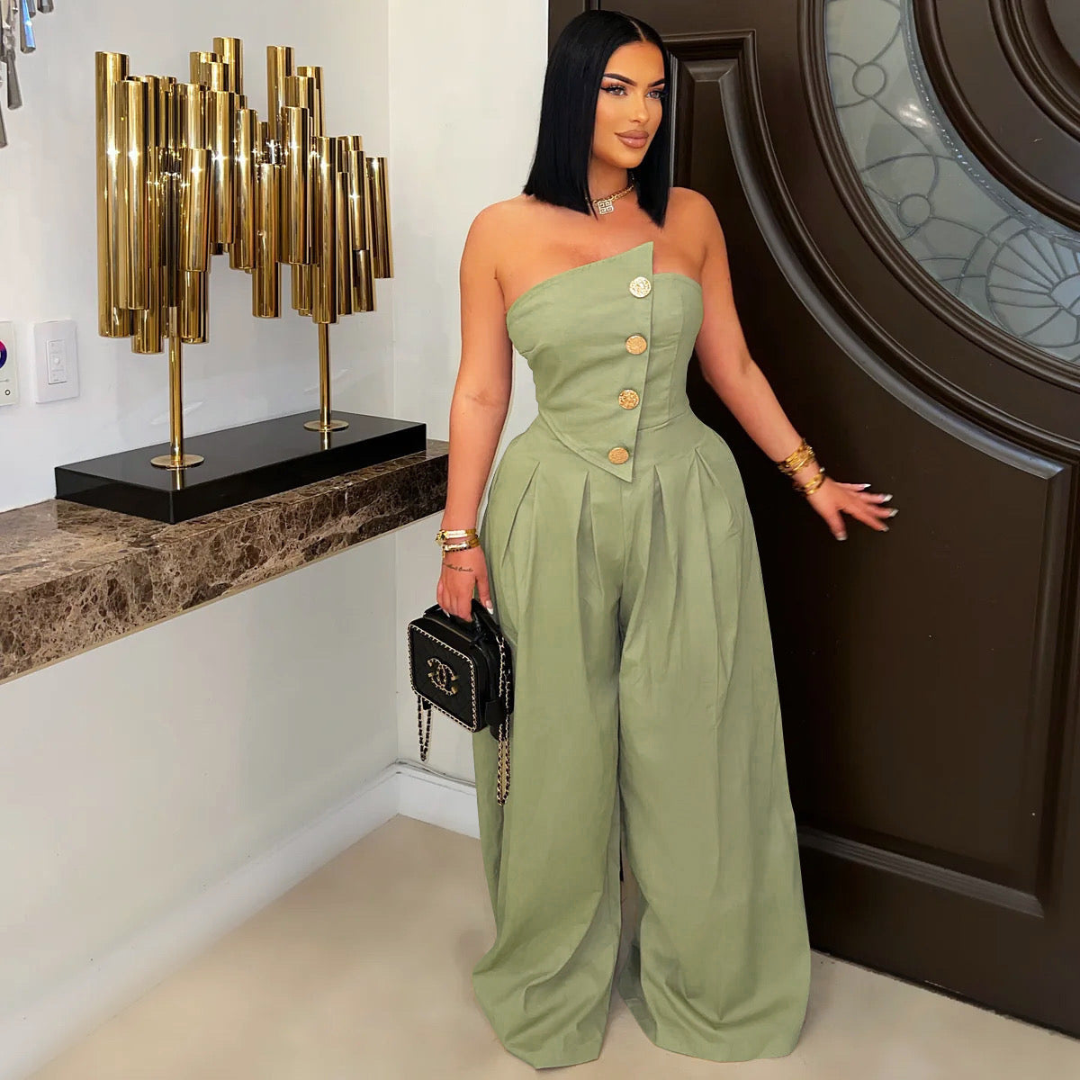 Sexy Tube Top Sleeveless Metal Button Wide Leg Jumpsuit
