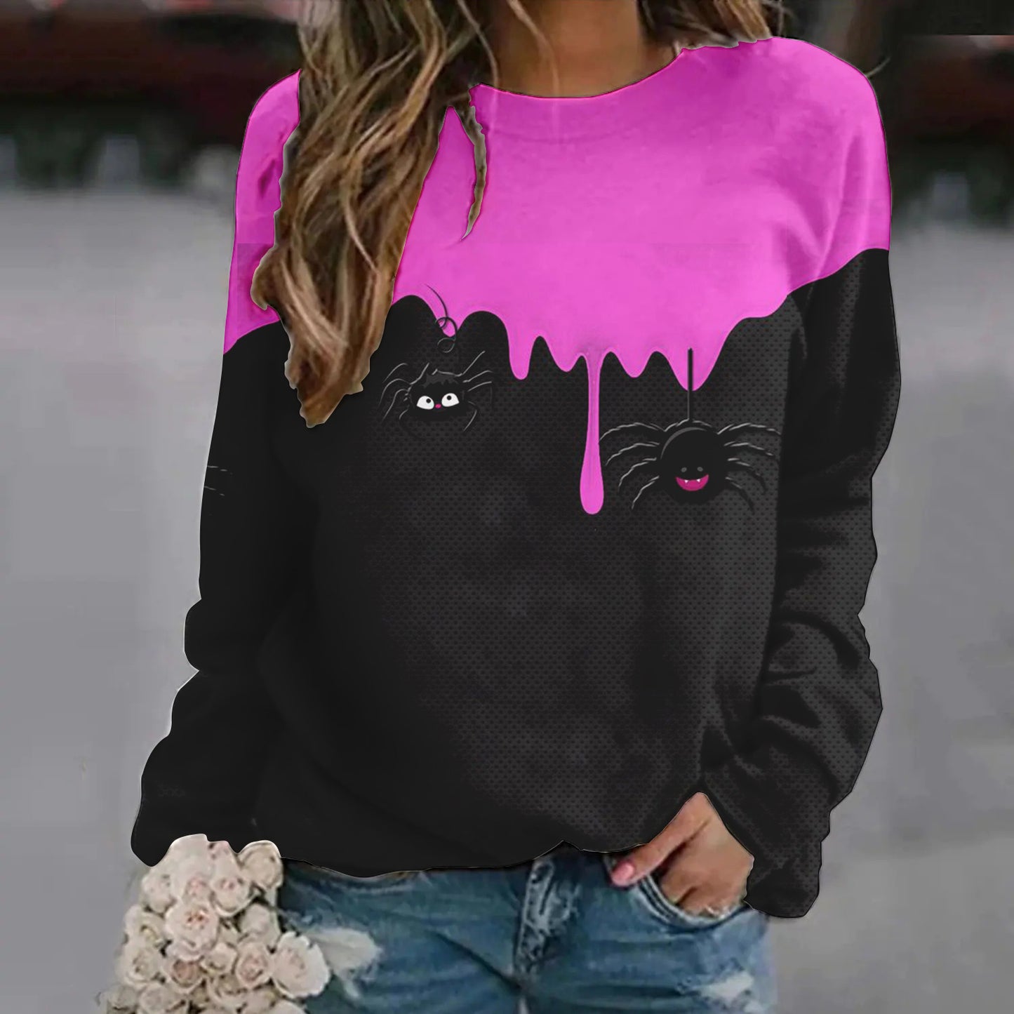 Dame Halloween-sweatshirt med tryk og raglanærmer
