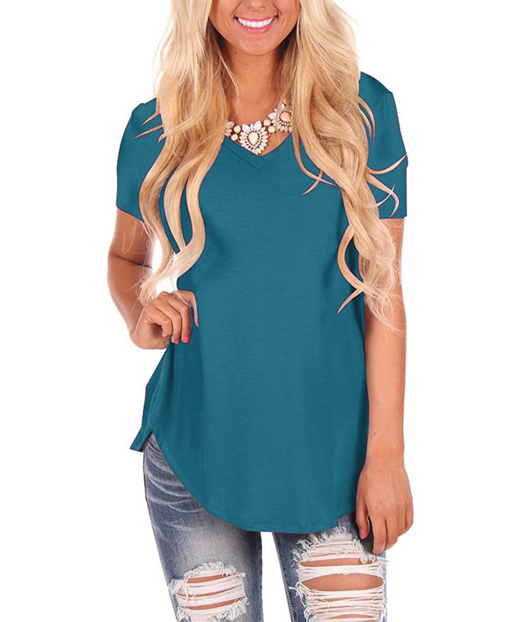 V-neck Knitted Solid Color Top Plus Size Loose Short Sleeve