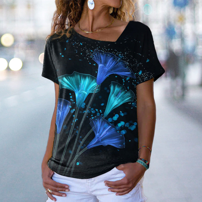 Fashion Casual Women's Asymmetric Diagonal Collar T-shirt