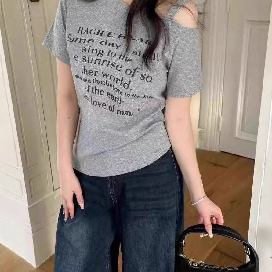 Korean-style Fashionable Letter-printed Off-shoulder Short-sleeve T-shirt