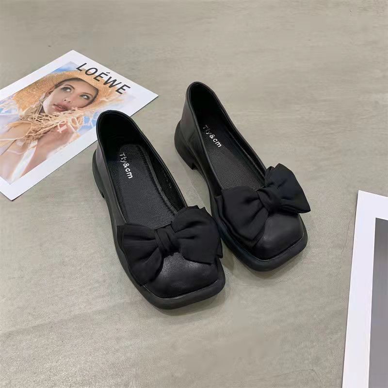 Chunky hælplateau-loafers, nye retro-pumps i laklæder med firkantet tå og sløjfe til kvinder, forår og sommer