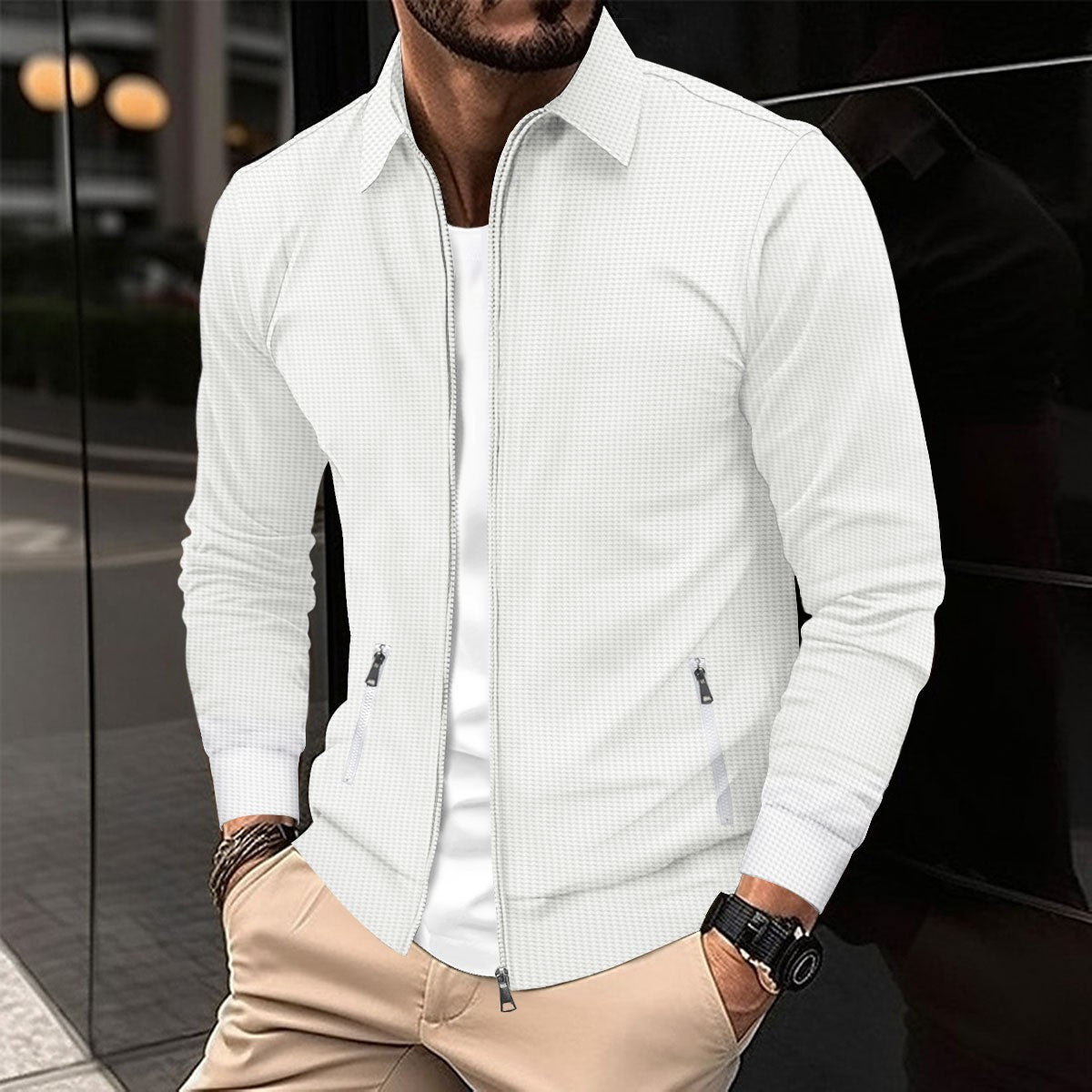 Mænds forårs- og efterårsjakke med vaffelstruktur, lynlåslommer, revers, slim-fit cardigan