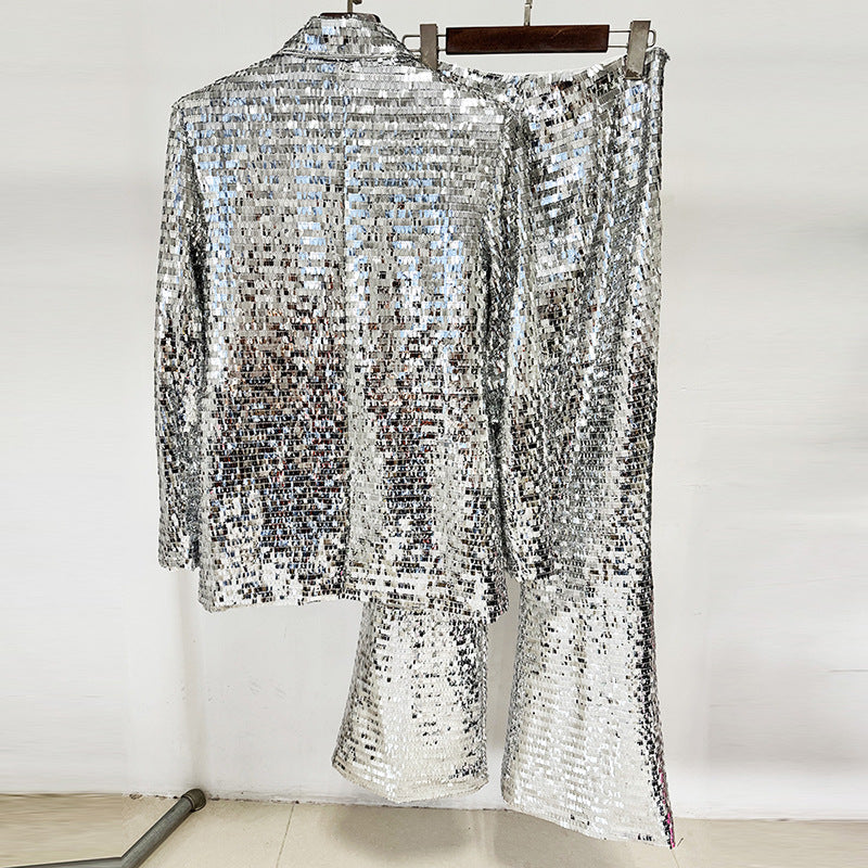 Fashionable One-Button Mesh Sequin Blazer And Pants Suit