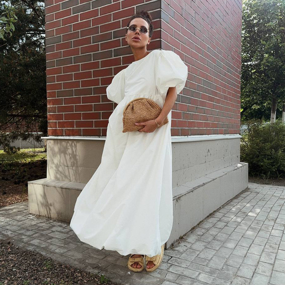 Loose Casual Round-neck Dress With Puff Sleeves