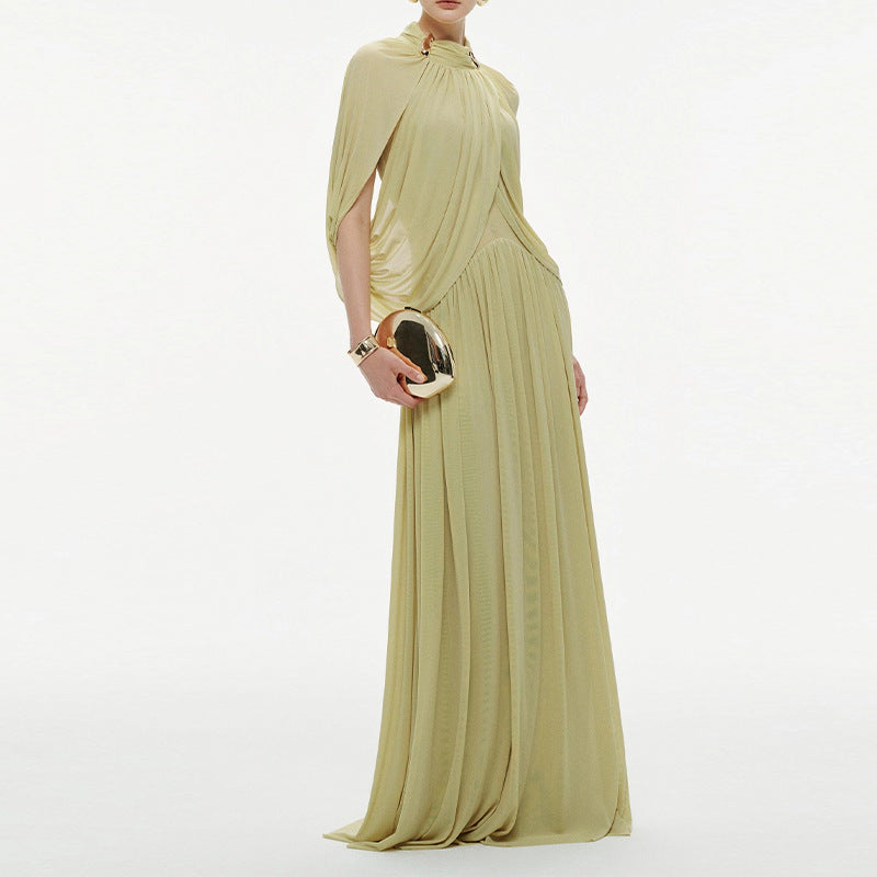 Elegant Ruffled Round-Neck Chiffon Fashionable Long Dress
