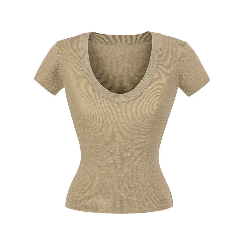 Europæisk og amerikansk stil hot girl uld scoop ensfarvet slim stretch top