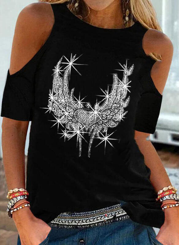 Pullover Loose Round Neck Hot Drill Short Sleeve Off Shoulder Women's Top