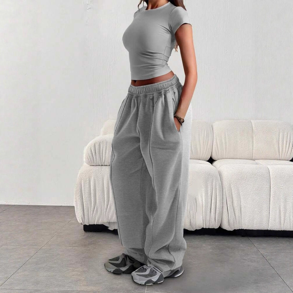 European And American-style Solid-color Waist-cinching Slimming Straight-leg Pants
