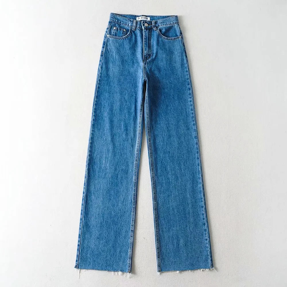 Mopping And Frayed Denim Trousers New High-waisted Loose-fitting Thin Straight And Wide-legged