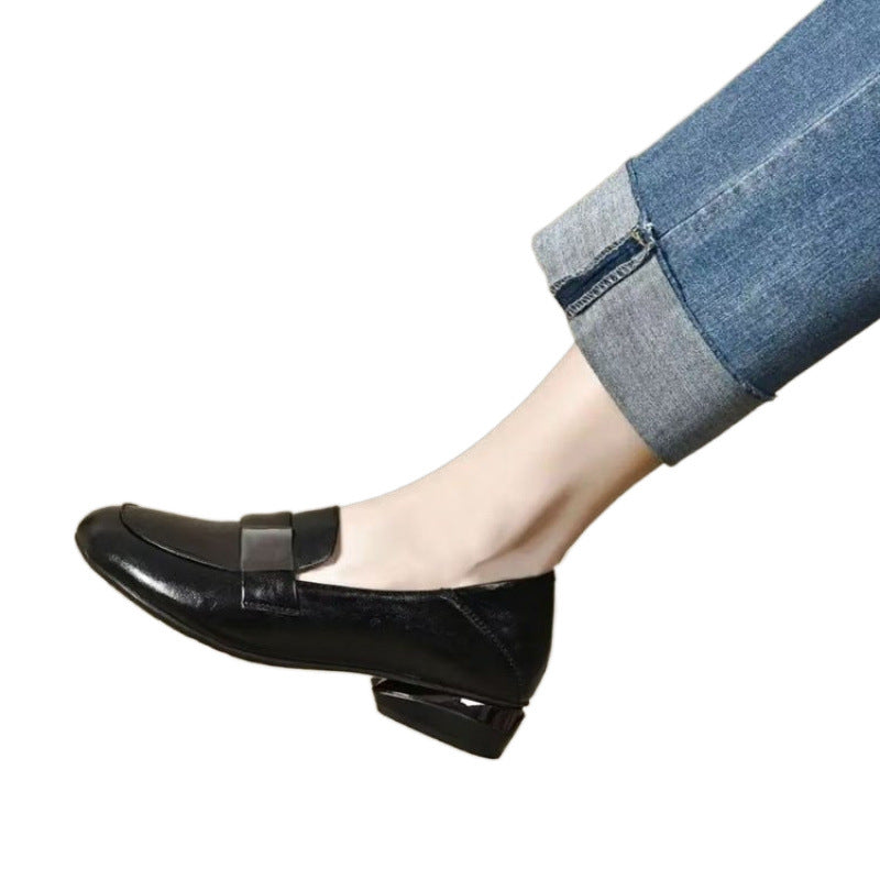 Women's Soft Bottom Round Head Thick Heel Leather Shoes