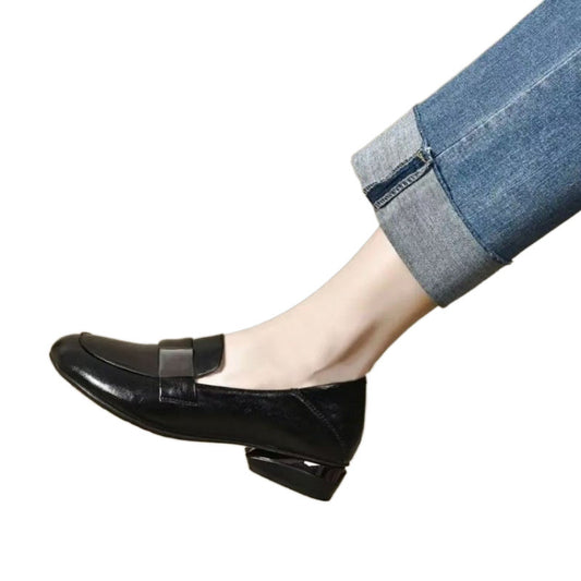Women's Soft Bottom Round Head Thick Heel Leather Shoes