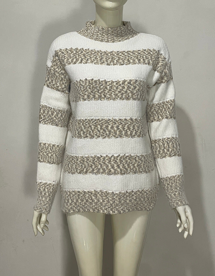 Embroidered Jacquard Pullover Loose Bottoming Shirt Mock Neck Sweater Coat