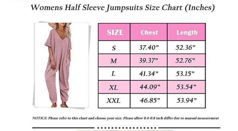 Solid Color V-neck Jumpsuit Half Sleeve Ankle-tied Loose
