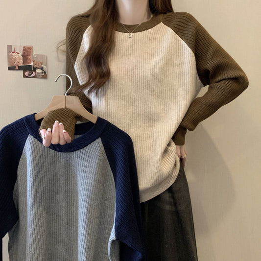 Loose Slim-fit Color-blocked Top To Cover The Belly
