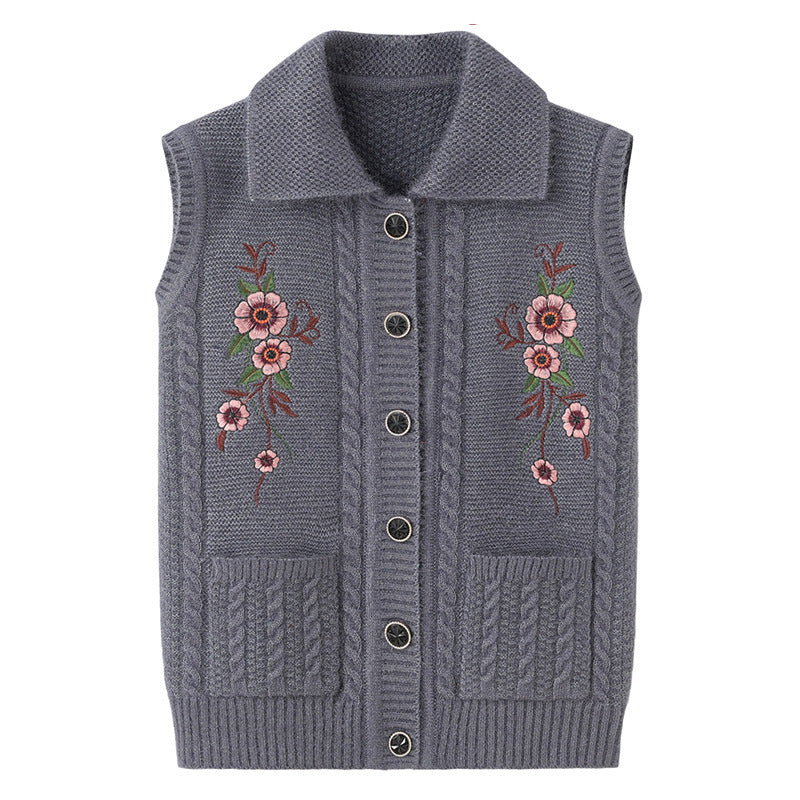 Waistcoat Embroidered Elderly Winter Vest Lapel