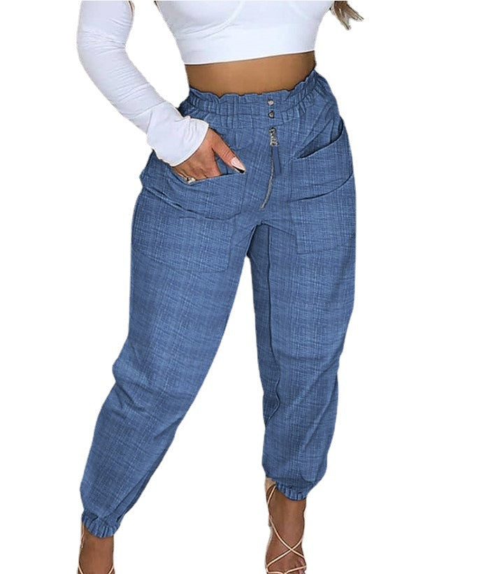 Cross-Border New Product Amazon Wish Casual Pants Waist Elastic High Waist Women's Trousers Solid Color Overalls