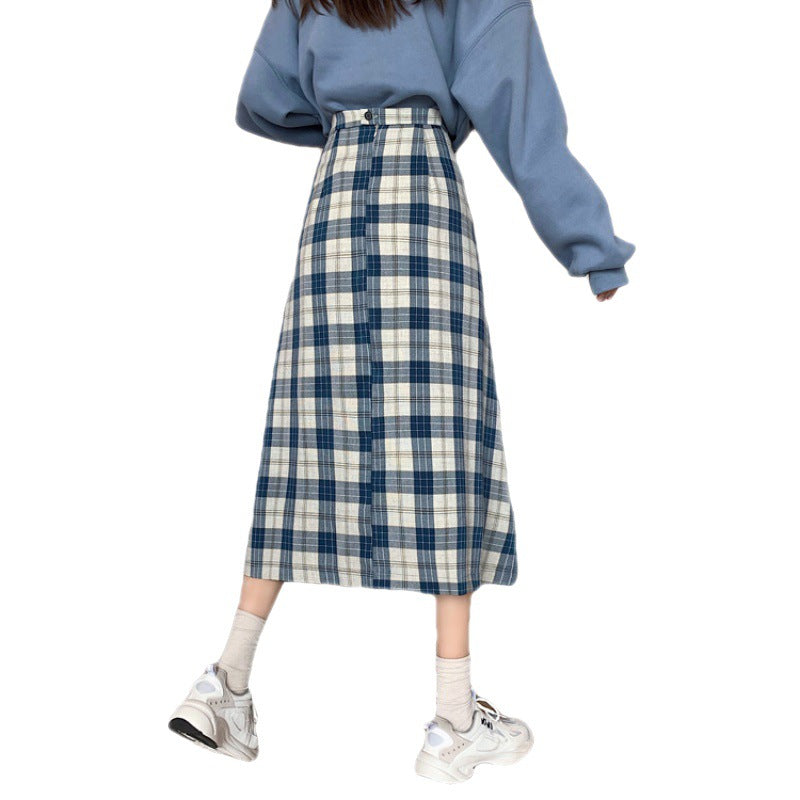 Women's High Waist Plaid Versatile Student Skirt
