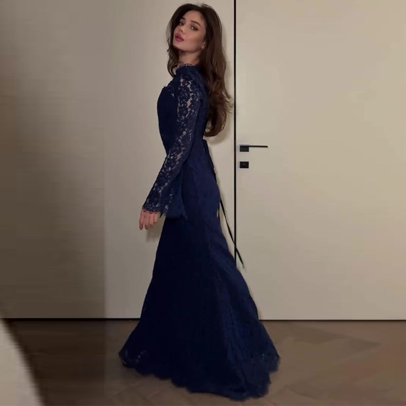 Women's Sexy Lace Hollow-Out Long-Sleeve Dress