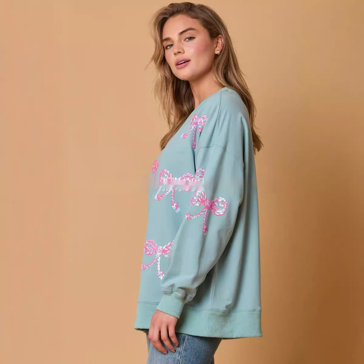 Bow Sequined Top Casual Loose Long Sleeve Sweatershirt Women
