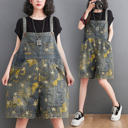 Fat Sister Nostalgic Pentagram Print Denim Bib Shorts