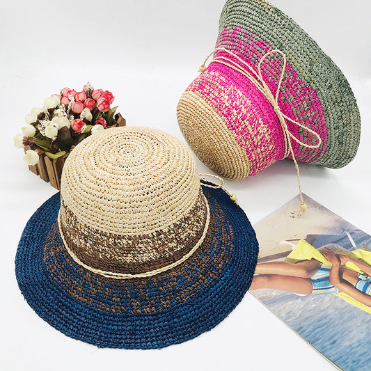 Raffia Crochet Shade Dome Flat Brim Women's Woven Straw Hat