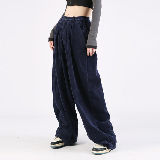 Womens Retro Loose Wide-Leg Corduroy Workwear Casual Pants