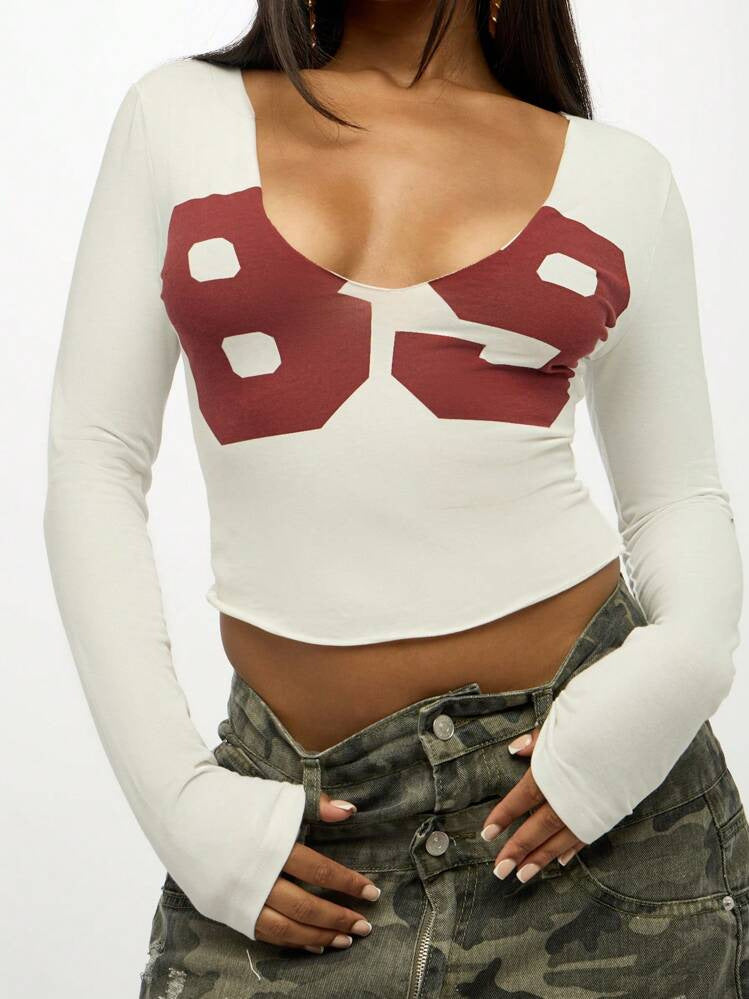 Printed Short-sleeve Slim-fit U-neck Top