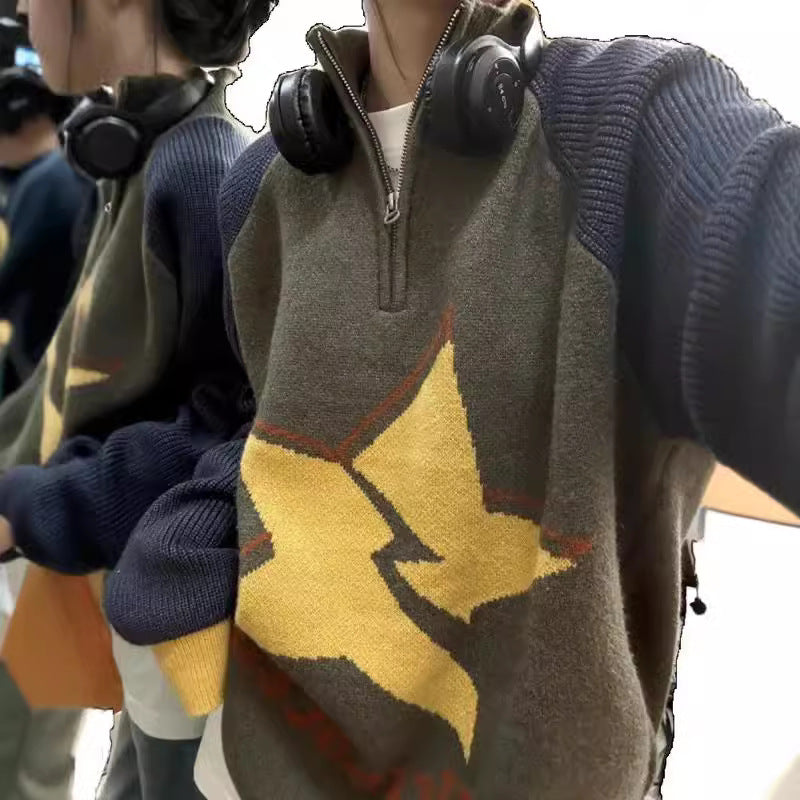 XINGX Jacquard Casual Contrast Color Loose Sweater